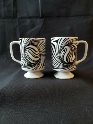 Vintage Mid Century Black And White Op Art Swirl Coffee Mugs (2)