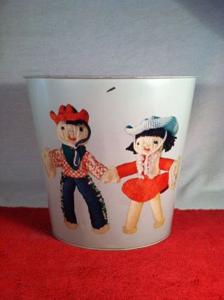 Vintage Childrens Blue Metal Waste Can With Cowboy And Cowgirl