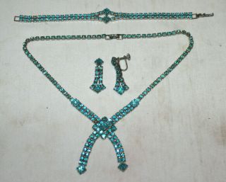 3 Piece Set Vintage Blue Rhinestone Necklace,  Earrings,  Bracelet Minor Repair