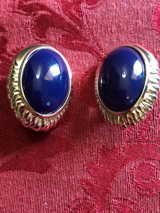 Vintage Park Lane Clip On Earrings Silver Tone Navy Blue Cabochon Bold Runway