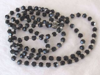 D11 Vintage Single Strand Faceted Black Clear Glass Bead Necklace Art Deco 54 "