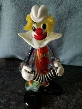 Vintage Murano Hand Blown Glass Clown With Accordion,  Great Detail And Colors