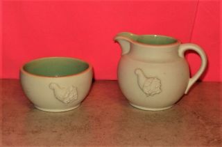 Vintage Dabrowski Pottery Hampton Bisque Sugar & Creamer Green Horn - O - Plenty