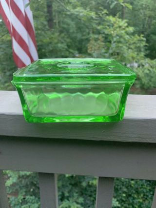 Vintage Green Vaseline Glass Refrigerator Box And Lid
