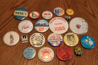 Vintage Pinback Pins - Mostly Minnesota - State Fair Sisu Ike Ole Ojibwe Jacob