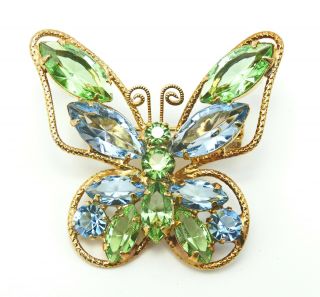 Vintage Pale Blue And Greene Rhinestone Butterfly Brooch