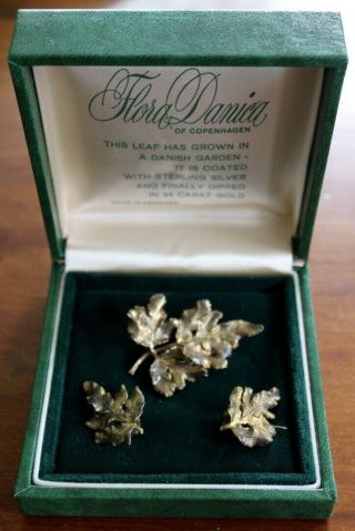 Vintage Flora Danica Botanical Sterling / 24k Gold Pin & Earrings Denmark
