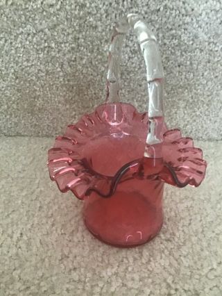 Fenton Cranberry Glass Scalloped Basket Vase With Clear Glass Handle Vintage