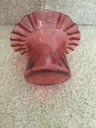 Fenton Cranberry Glass Scalloped Basket Vase With Clear Glass Handle Vintage 3