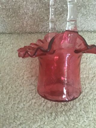 Fenton Cranberry Glass Scalloped Basket Vase With Clear Glass Handle Vintage 5