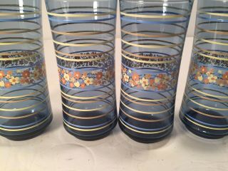 Vintage Libby Smokey Blue With Stripes And Flowers Glasses Set Of 4