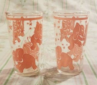 2 Vintage Hazel Atlas Pink Elephants Stars Drinking Glasses Tumblers Juice 4 "
