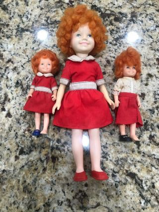 3 1982 Knickerbocker Vintage Little Orphan Annie Dolls 1 - 10” 2 - 6”