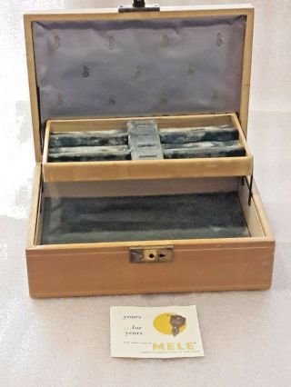 Vintage Mele Ivory/creme Leather Teal Blue Velvet 2 Tier Jewelry Box Chest Key