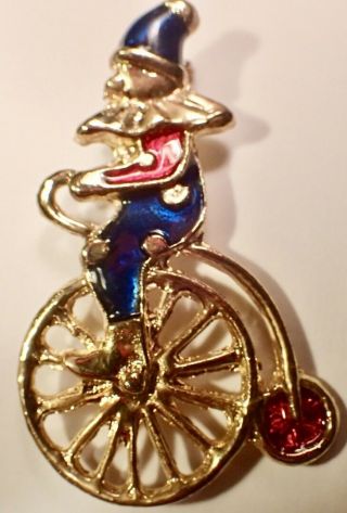 Vintage Gold Color & Enamel Lapel Pin Pinback Brooch Clown On High Wheel Bicycle