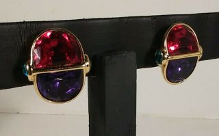 Vintage Designer Signed Trifari Tm Large Purple Red Green Rhinestone Earrings