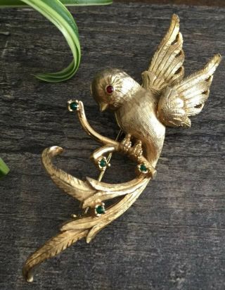 Fantasy Vintage Signed Denicola Figural Bird Faux Ruby Emerald Brooch