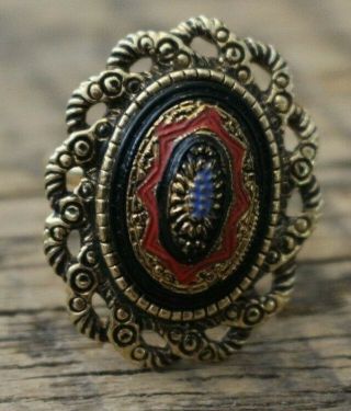 Vintage Sarah Coventry Cov Signed Adjustable Ring Gold Tone Red Black Blue Bold
