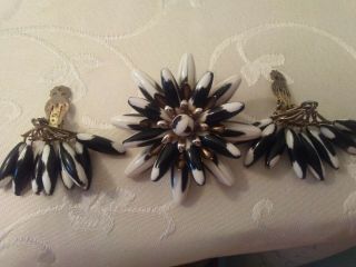 Vintage Black And White Enamel Beaded Brooch And Clip On Earrings
