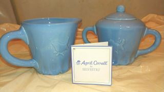 Vintage 2004 April Cornell For Silvestri Sugar & Creamer Servers - Blue Ceramic
