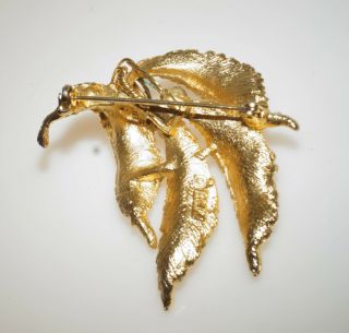 Vintage Signed BSK Silver White Rhinestone Faux Pearl Leaf Gold Tone Brooch Pin 3