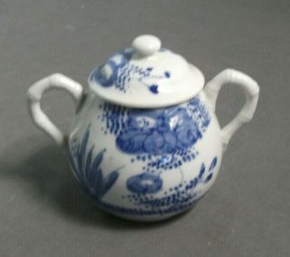 Vintage Sugar Bowl W/ Lid & 2 Handles - Floral - White W/ Blue - 4 " Tall - Sb