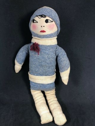 Vintage Handmade Sock Doll Sock Monkey Embroidered Face Blue White 16e