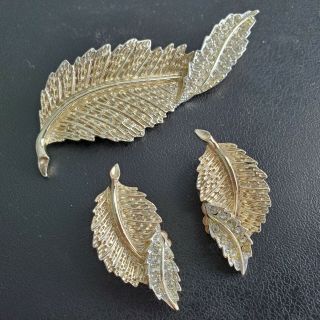 Signed Sarah Cov Vintage Gold Silver Feather Brooch Pin Crystal Earrings Set Bn3