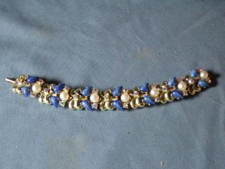 Vintage Gold - Tone Metal A/borealis Rhinestone Faux Pearl Blue Cabochon Bracelet