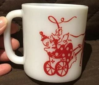 Vintage Pyrex Milk Glass Childrens Theme Circus Cup Mug Clowns Old Donkey Pig