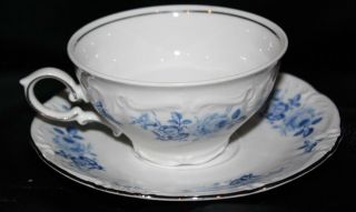 Vintage Winterling Bavaria Wig5 Tea Cup And Saucer Blue Rose Flowers Silver Rim