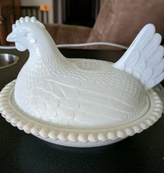 Large Vintage Milk White Glass Chicken On Nest