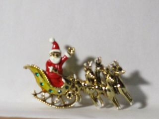 Vintage Gold - Tone Metal Rhinestone Enamel Christmas Santa & Sleigh Pin Brooch