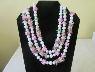 Vintage 3 Strand Pink Green White Plastic Bead Floral Flower Necklace Hong Kong