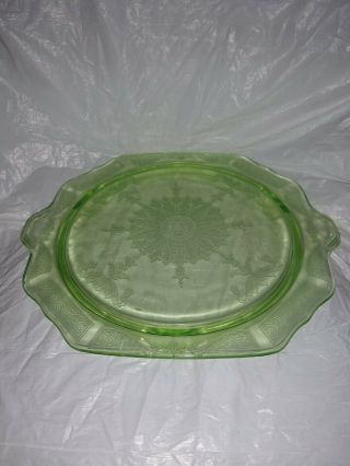 Vintage Green Glass Footed Cake Plate Flower Chain Design Victorian 10 " Pressed