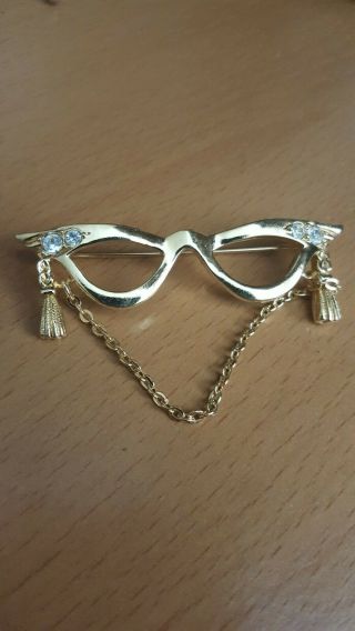 Vintage Avon Cat Eye Glasses Pin - Gold Tone With Rhinestones & Chain Pre - Owned