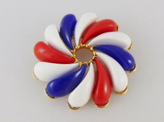 Vintage Red White Blue Lucite Floral Brooch 2 1/4 " Pinwheel Gold Tone Near
