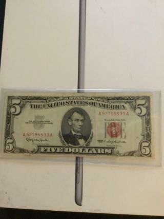 1963 Five Dollar $5 Red Seal Lincoln Vintage Old American Currency Note