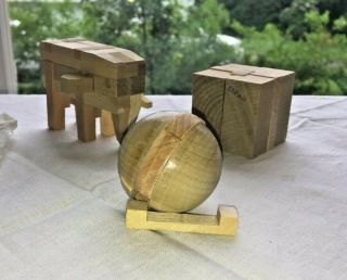 3 Vtg Japanese Wooden Puzzles Ball Cube Elephant Japan W Directions Kumiki ?