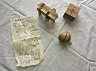3 VTG Japanese Wooden Puzzles Ball Cube Elephant Japan w Directions Kumiki ? 3