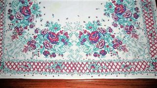 Vtg Mcm 46x50 Red Blue Green Roses Cotton Cutter Tablecloth Craft Retro Kitchen