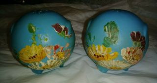 Vtg Blue Ransburg Asters Stoneware Pottery Ball Salt & Pepper Shakers,  Stoppers