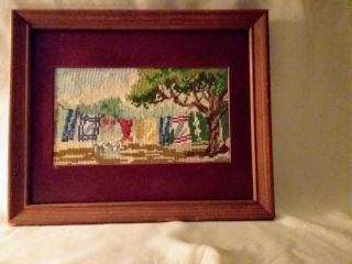 Vintage Framed And Matted Cross Stitch Art " Laundry Day " 9x11 Frame