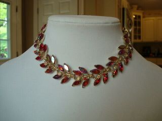 Vintage Signed Empress Jewels Iridescent Red And Clear Glass Rhinestone Necklace