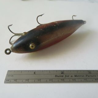 Fishing Lure Vintage 3¾ " Unbranded Glass Eyes Wood Injured Minnow Gold Scales