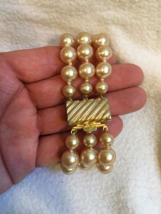Vintage Faux Pearl 3 Strand Bracelet Gold Tone Clasp