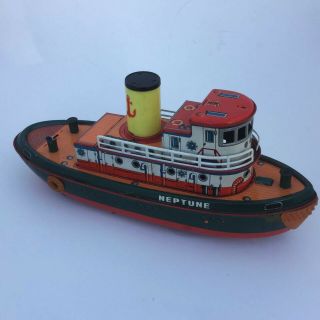 Vintage Modern Toys Tin Litho Neptune Tugboat Motorized Made In Japan Masudaya