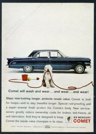 1963 Old English Sheepdog Photo Mercury Comet Blue Car Vintage Print Ad
