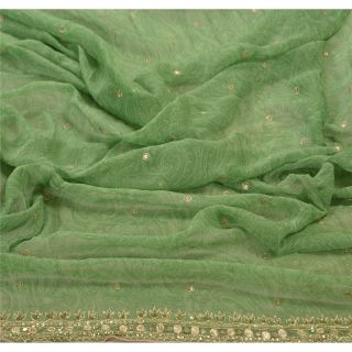 Sanskriti Vintage Dupatta Long Stole Georgette Green Shawl Hand Beaded Scarves