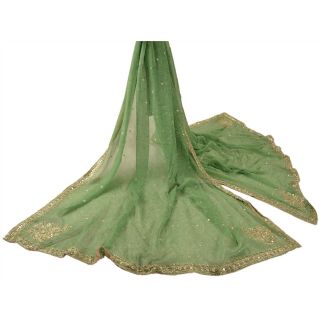 Sanskriti Vintage Dupatta Long Stole Georgette Green Shawl Hand Beaded Scarves 2